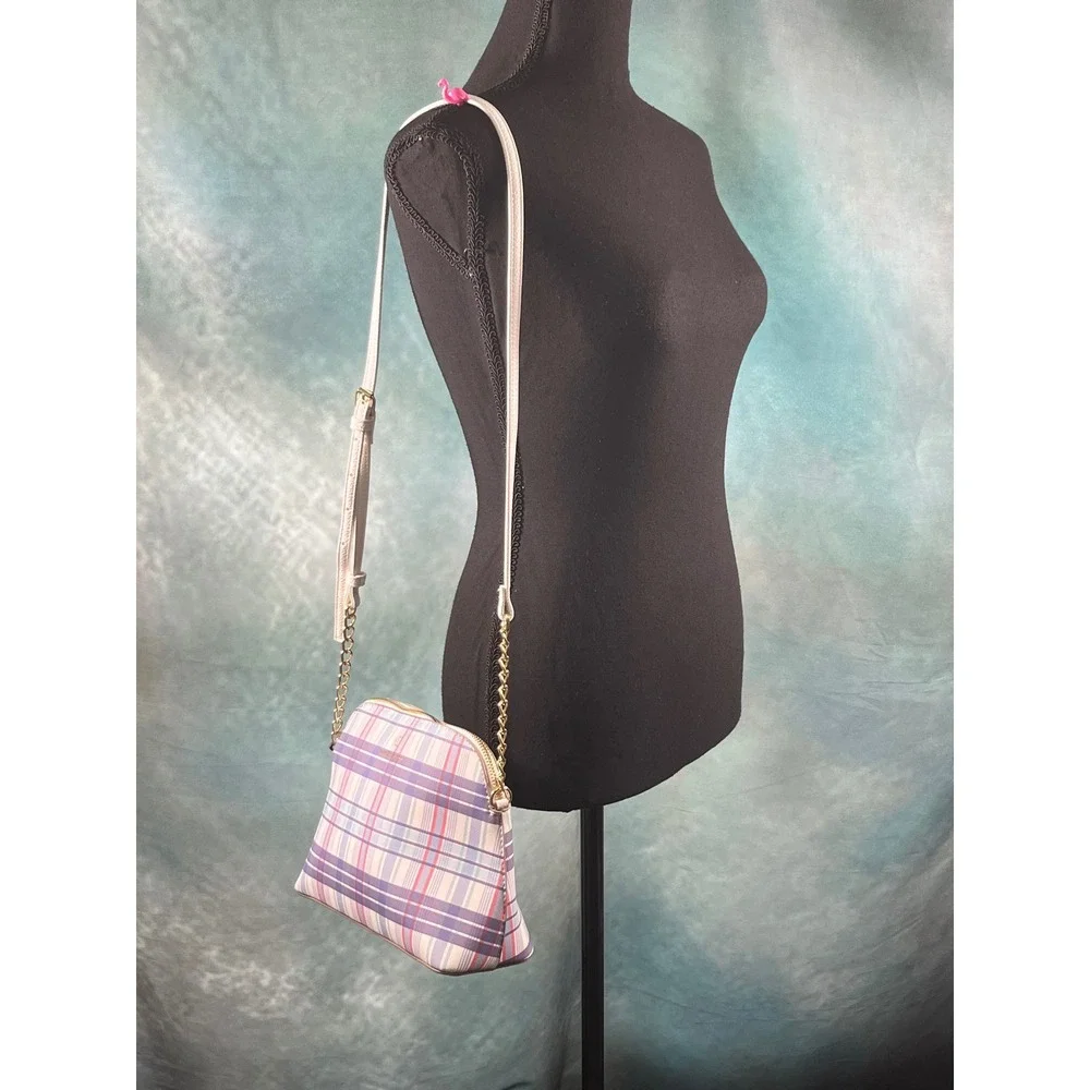 Nanette Lepore Purple Blue Plaid Dome Crossbody‎ Bag Gold Chain Strap Pastel